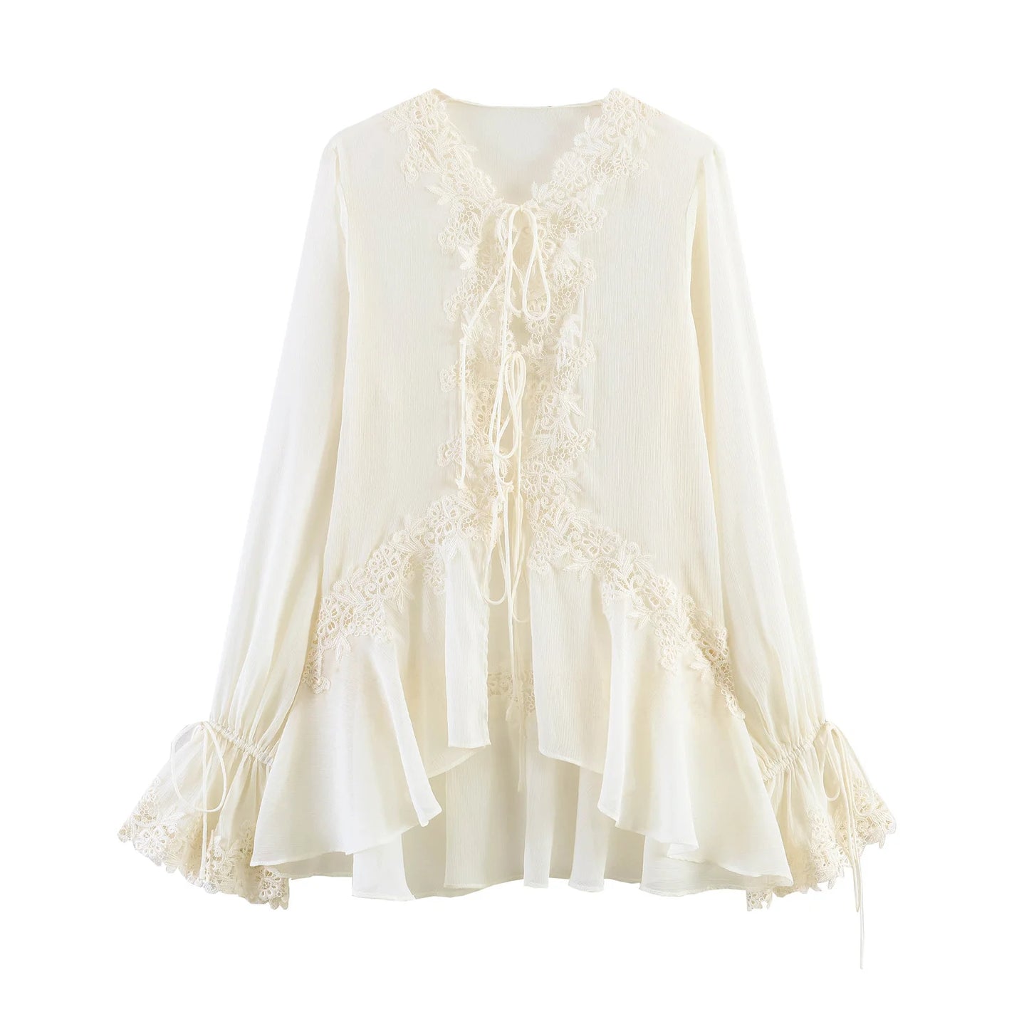 TFMLN New Women Blouse Fashionable Flare Sleeve Lace Spliced Semi-Sheer Cardigan Lace Up Tops Elegant Ruffled V Neck Shirt