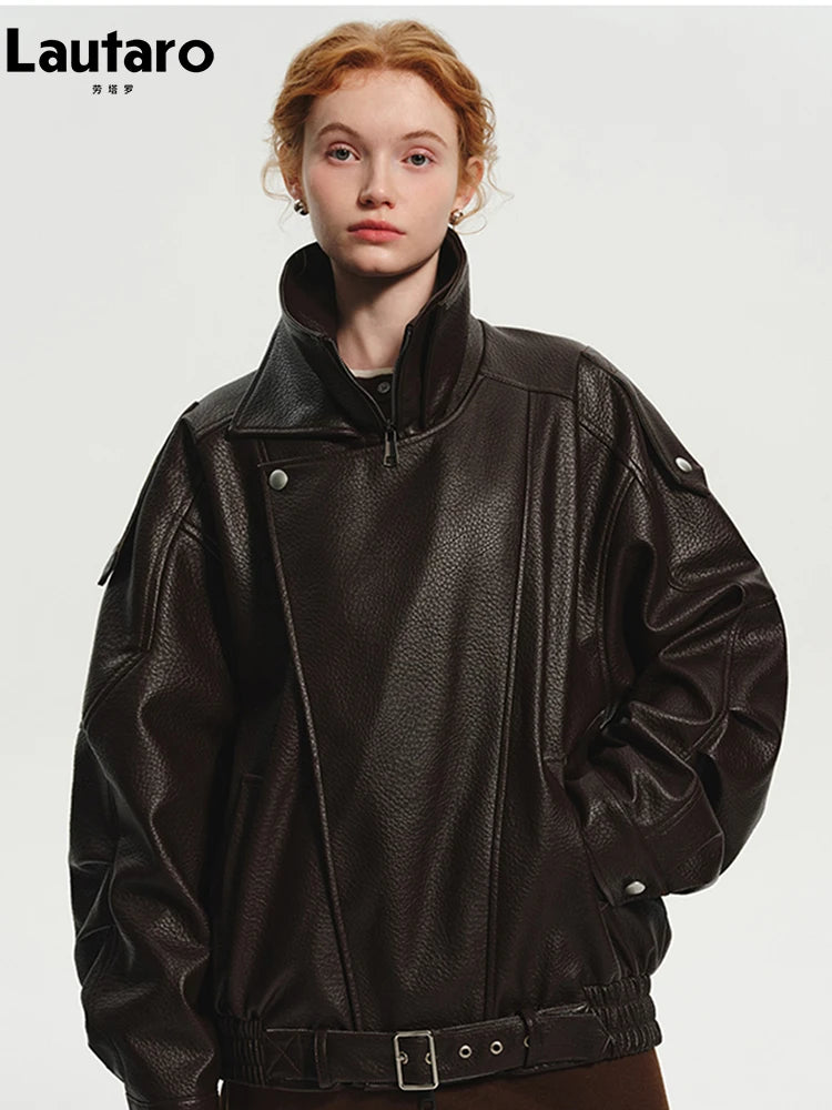 Lautaro Frühling Herbst Kühle Braun Übergroße Pu Leder Jacke Frauen Langarm Zip Up Luxus Designer Amerikanische Retro Kleidung