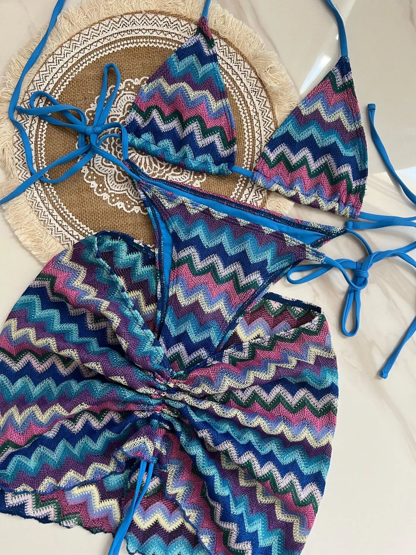 2025 New 3 Pieces Bikinis Sets Knitted Stripe With Skirt Knitting Beachwear Sexy Women's Swimsuit Cover-ups Strappy Beach Wear