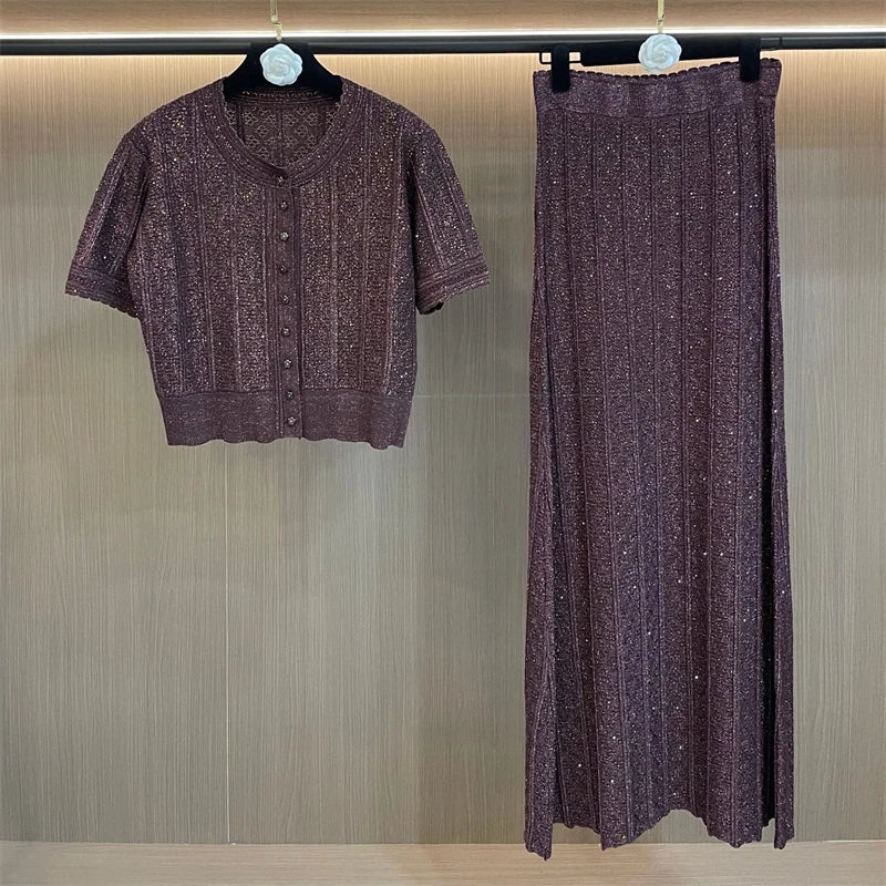 New Summer Women'sRound Neck Glitter Short SleeveStriped Knit Cardigan Set with High-Quality Elastic Waist Skirt (Two-Piece Set)