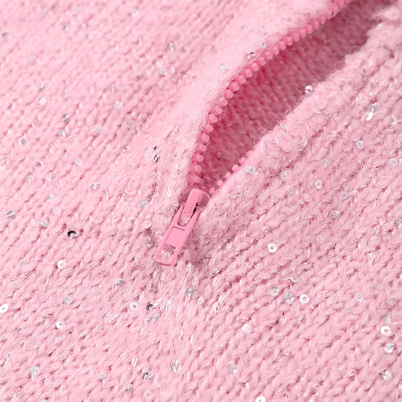 Casual Pailletten Lose Pullover Frauen Volle Hülse Gestrickte Solide Shinny Revers Reißverschlüsse Pullover Weibliche 2026 Frühling Dame Outwears