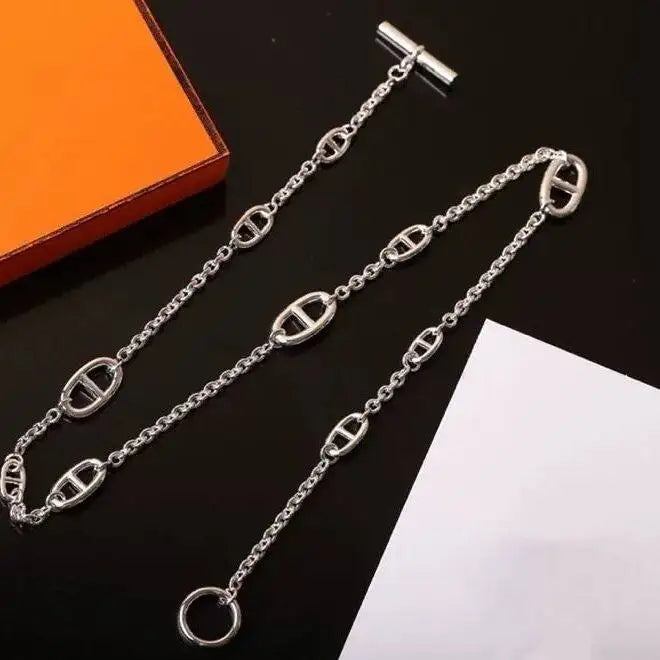 Halskette im Industrial-Stil mit Schweinenasen-Design, lange 925er Silber-Schulterkette mit mehreren Schichten, luxuriöse Halskette