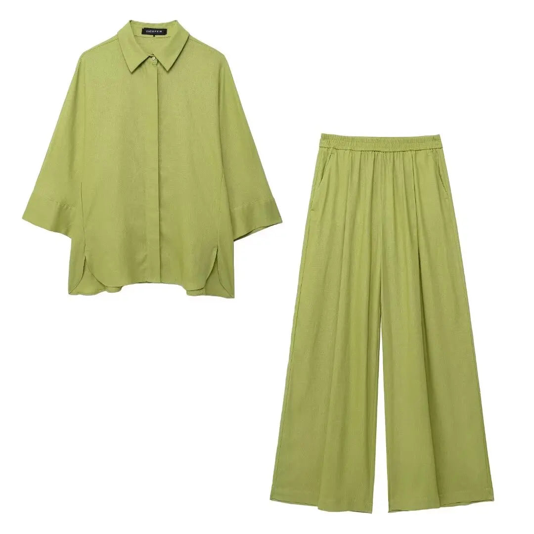 HH 2025 Damen 2-teiliges Set, elastische Taille, Taschenfalten, verziert breite Beinhosen + solides einreihiges Blusenoberteil mit Schlitz am Saum