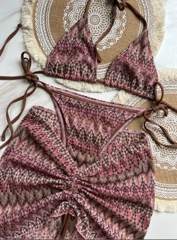2025 New 3 Pieces Bikinis Sets Knitted Stripe With Skirt Knitting Beachwear Sexy Women's Swimsuit Cover-ups Strappy Beach Wear