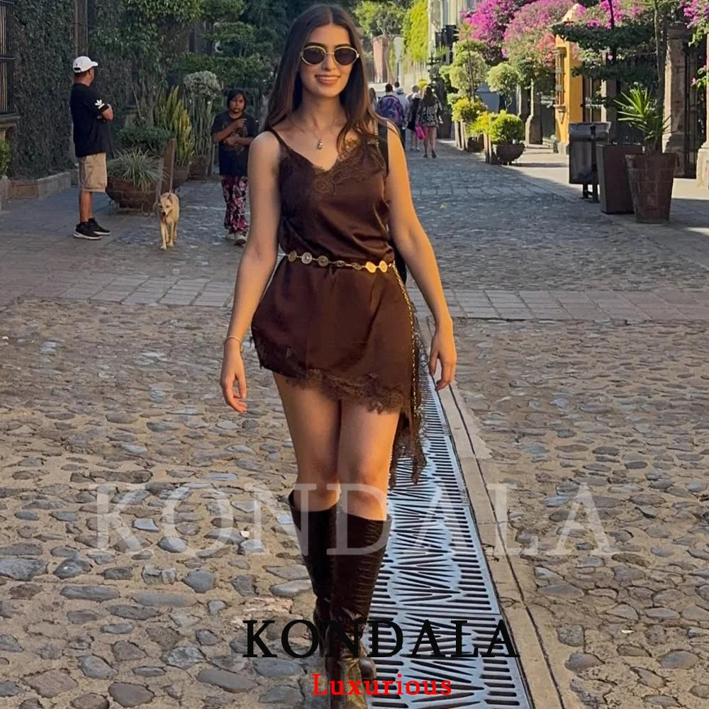 KONDALA Sexy Beach Holiday Lace Party Women Dress V Neck Cami Backless Midi Dress Fashion 2026 Y2K Girl Evening Club SummerDress
