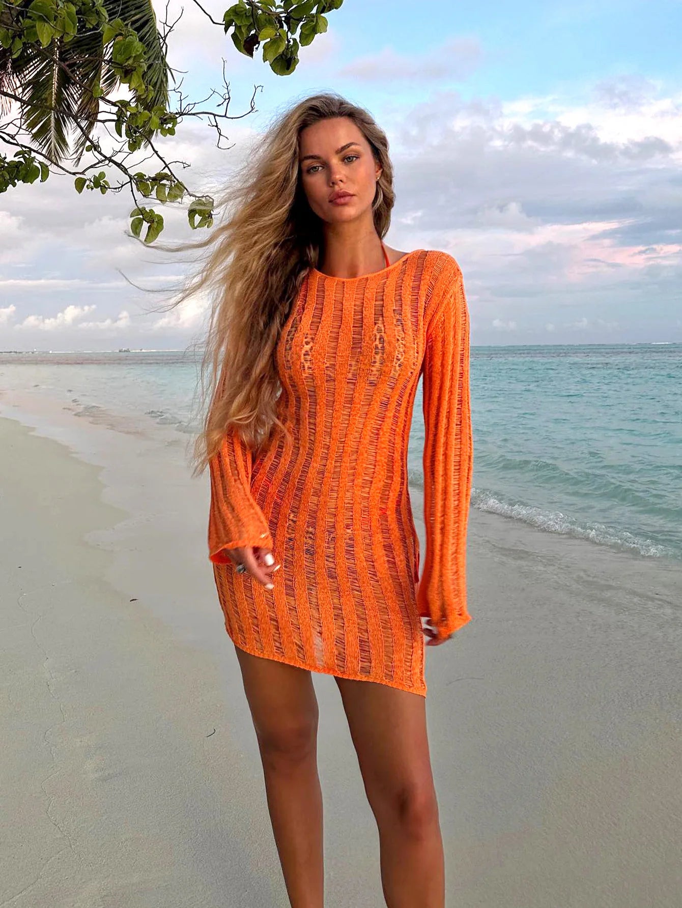 Sexy Hollow Out See-through Round Neck Solid Knit Dress 2026 Summer Women Holiday Vacation Beachwear Swimsuit Mini Dresses K281