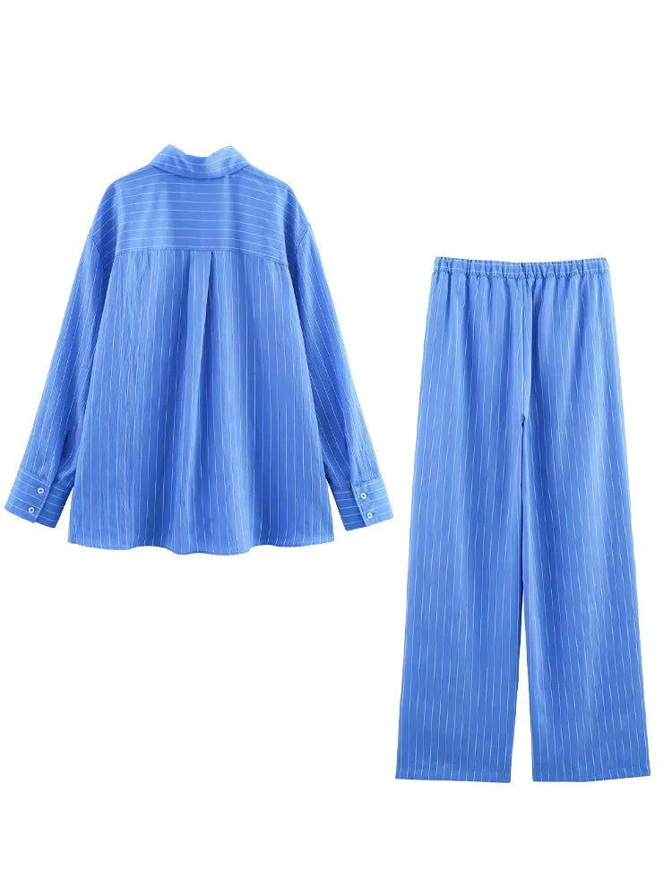 HH Women Striped Pants Suit Loose Lapel Long Sleeve Pocket Single-breasted Blouse+Summer Pajama Style Drawstring Pants