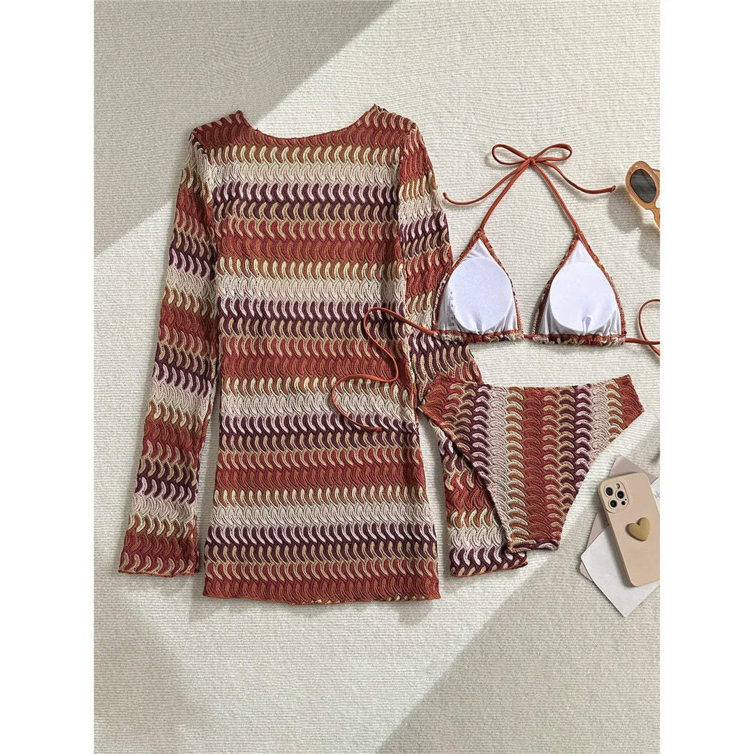 With Long Sleeve Cover Up Printed Bikini Women Swimwear Female Swimsuit Three-pieces Bikini set Bather Bathing Suit Swim M167
