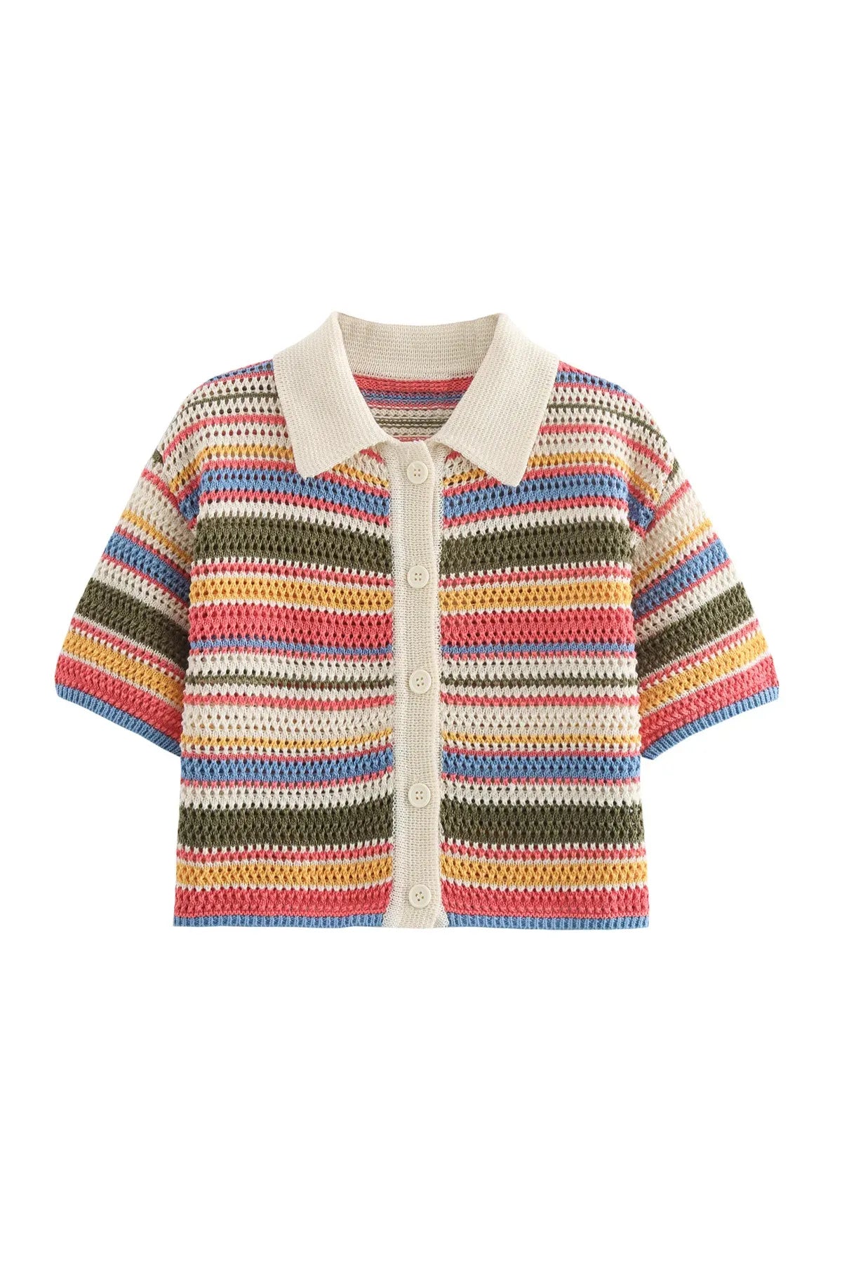 Frauen Patchwork Gestreiften Aushöhlen Häkeln Gestrickte Crop Pullover Shorts Set Kurzarm Polo Kragen Pullover Stricken Shorts Anzug Y2K