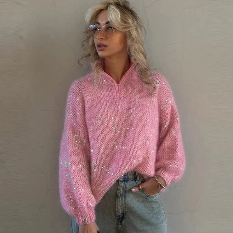 Casual Pailletten Lose Pullover Frauen Volle Hülse Gestrickte Solide Shinny Revers Reißverschlüsse Pullover Weibliche 2026 Frühling Dame Outwears