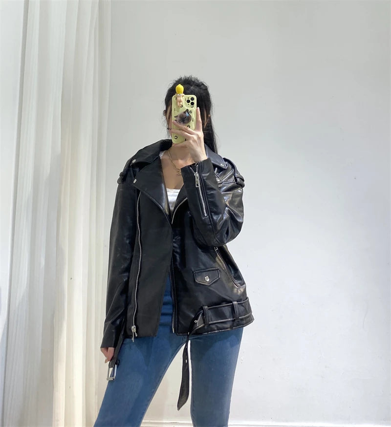 Neue 2025, Damen-Motorrad-Leder, PU-Kunstleder, lockere Jacke, schwarze Jacke