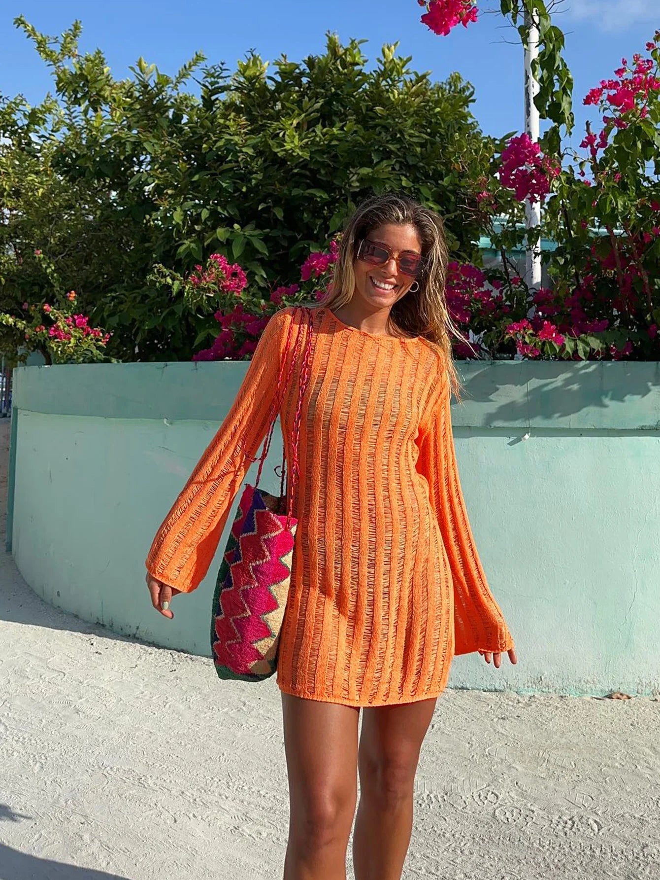 Sexy Hollow Out See-through Round Neck Solid Knit Dress 2026 Summer Women Holiday Vacation Beachwear Swimsuit Mini Dresses K281