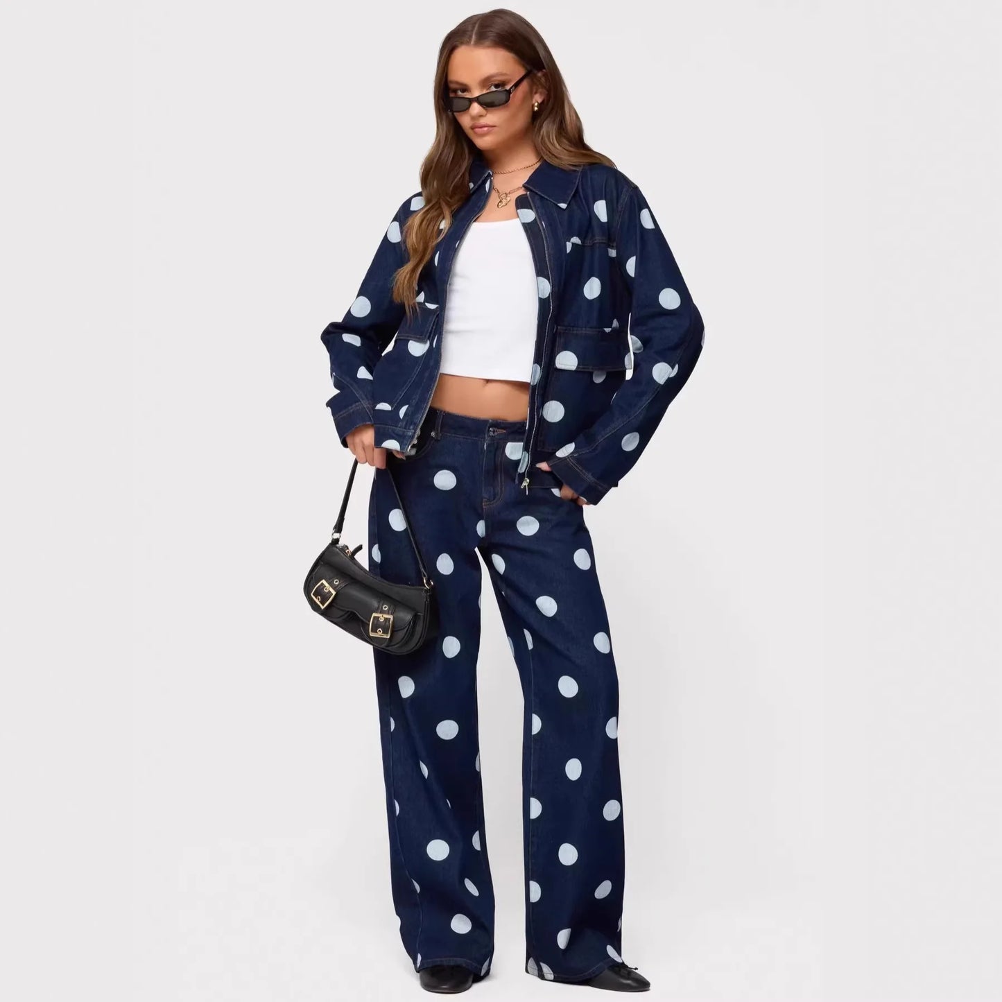 Lässige Gepunktete Denim-Jeans für Damen in Dunklen Farben, Gerade Geschnittene Lange Hose im Komfortablen Pendler-Stil aus Baumwollstoff
