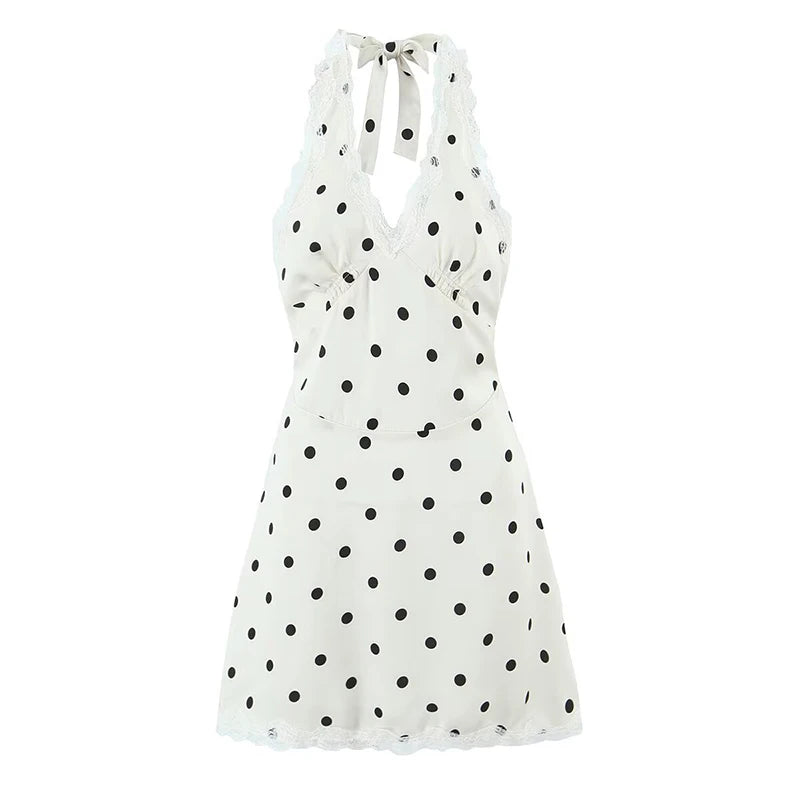 YENKYE Lace Spliced Polka Dot Halter Dress Women Elegant A-line Mini Sexy Backless Dresses Summer Robe 2025