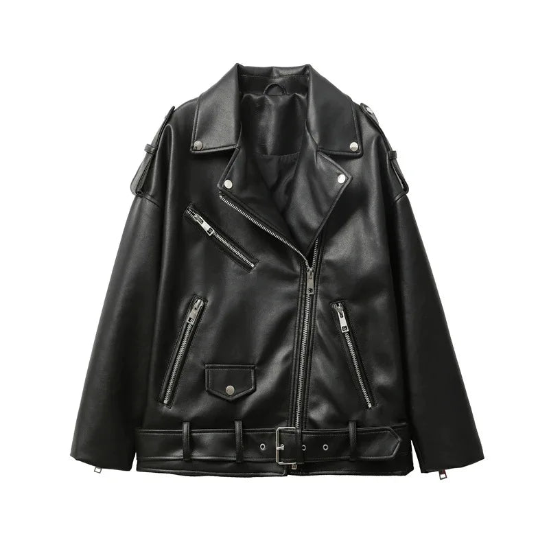 Neue 2025, Damen-Motorrad-Leder, PU-Kunstleder, lockere Jacke, schwarze Jacke