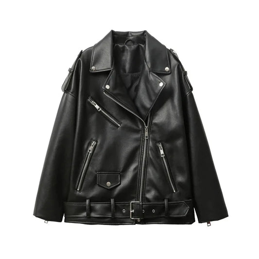 Neue 2025, Damen-Motorrad-Leder, PU-Kunstleder, lockere Jacke, schwarze Jacke