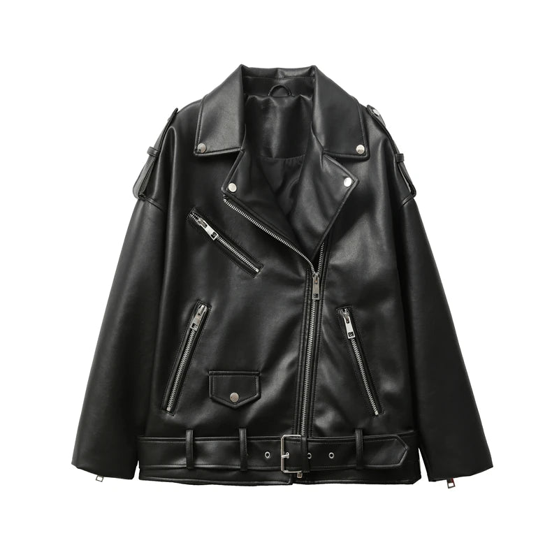 Neue 2025, Damen-Motorrad-Leder, PU-Kunstleder, lockere Jacke, schwarze Jacke
