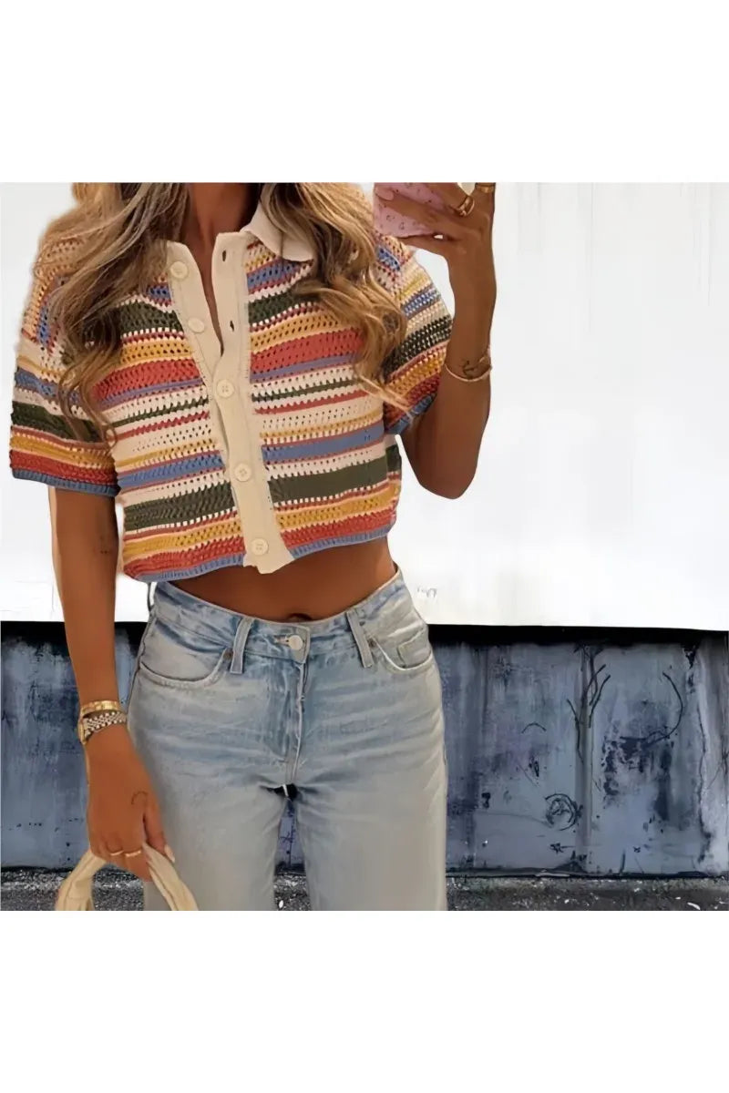 Frauen Patchwork Gestreiften Aushöhlen Häkeln Gestrickte Crop Pullover Shorts Set Kurzarm Polo Kragen Pullover Stricken Shorts Anzug Y2K