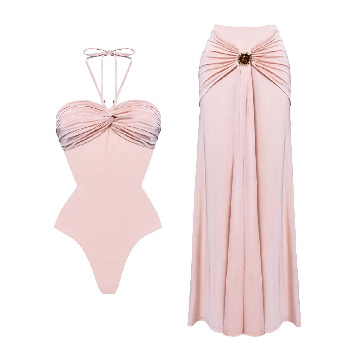 Pink 2Pieces Halter Swimsuit 2026 Bandeau Biquini Sexy Bikini Women Swimwear Push Up Bathing Suits Female Long Skirt Beachwear