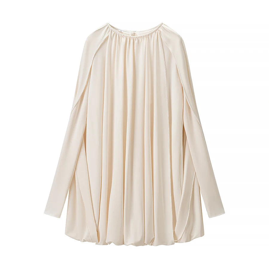 Woman Fashion Elegant Dress Spring Summer Female Long Sleeves Cape Style Pleated Loose Dress Lady Commuting Casual Party Dress