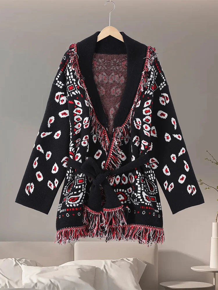 2026 frühling Quaste Gestrickte Jacquard frauen Strickjacken Lose Patchwork V-ausschnitt Langarm Dicke Warme Pullover Dame Neue Strickwaren