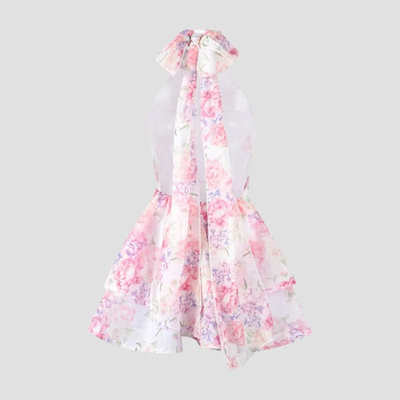 Chic Floral Printed Mini Dress Backless Sleeveless Hem Stacking Dresses Sweet A Line Vestidos 2025 New Lady Party Club Clothing