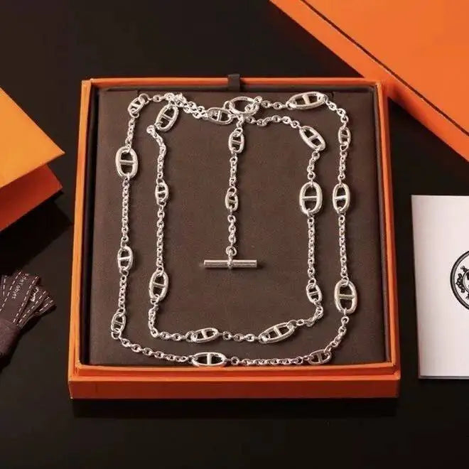 Halskette im Industrial-Stil mit Schweinenasen-Design, lange 925er Silber-Schulterkette mit mehreren Schichten, luxuriöse Halskette