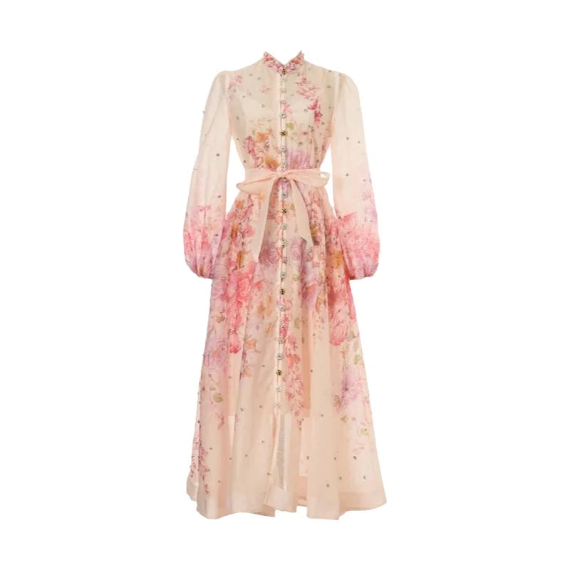 Spring Summer 2026 New Style Long Skirt Dress Women's Maxi Dress Diamond Floral Print High Waist Long Sleeve Street Style Ele...