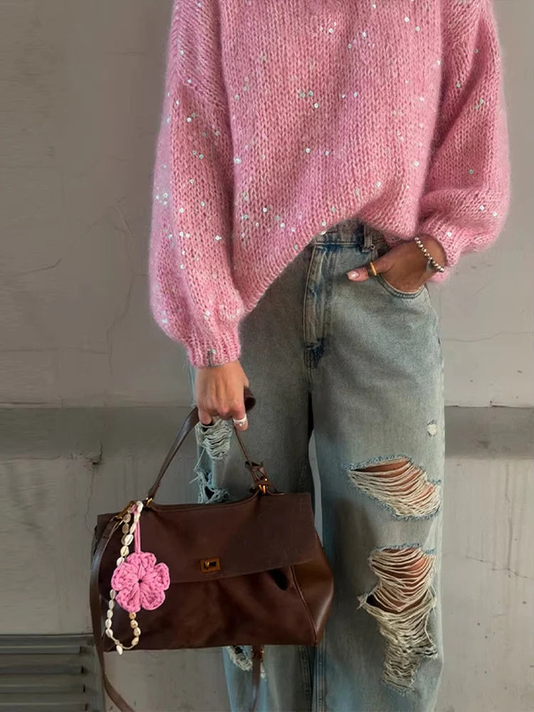 Casual Pailletten Lose Pullover Frauen Volle Hülse Gestrickte Solide Shinny Revers Reißverschlüsse Pullover Weibliche 2026 Frühling Dame Outwears