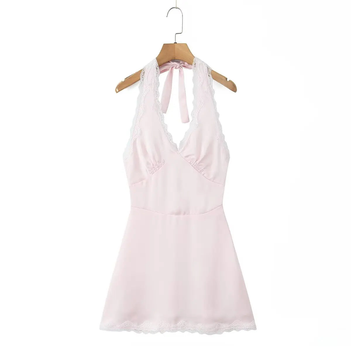 YENKYE Lace Spliced Polka Dot Halter Dress Women Elegant A-line Mini Sexy Backless Dresses Summer Robe 2025