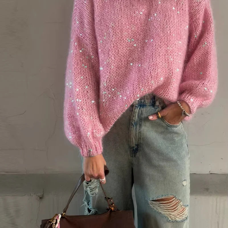 Casual Pailletten Lose Pullover Frauen Volle Hülse Gestrickte Solide Shinny Revers Reißverschlüsse Pullover Weibliche 2026 Frühling Dame Outwears