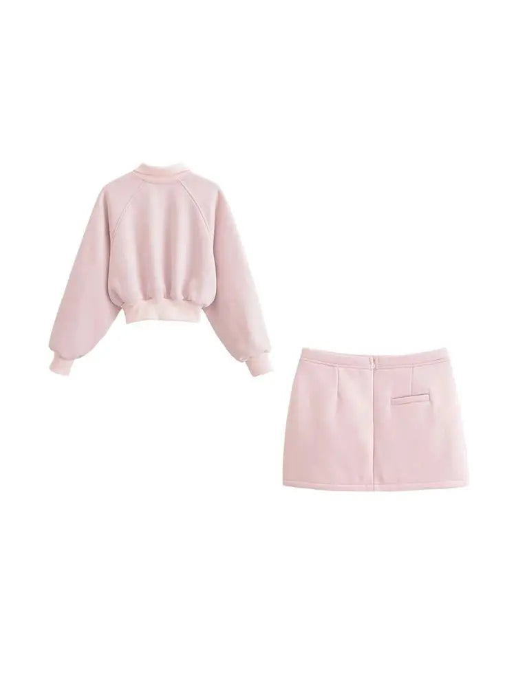 Frauen Mode Mit Zip Abgeschnitten Sweatshirt Und Mittlere Taille Zurück Zipper Mini Rock Weibliche Zwei Stück Sets Mujer