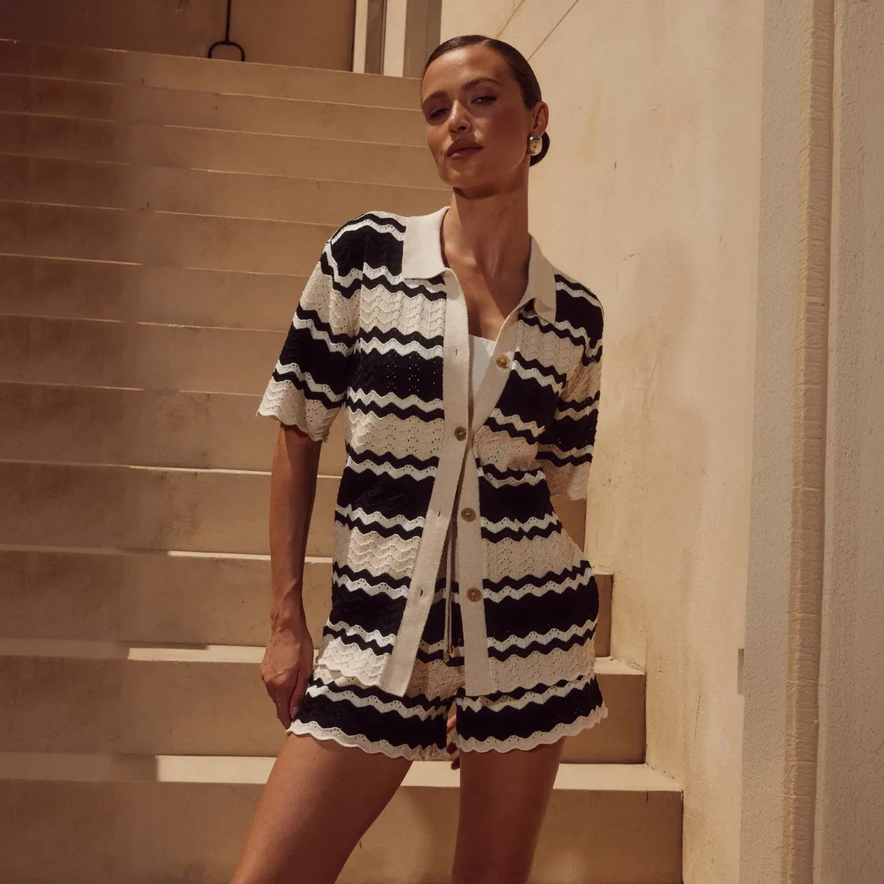 Women'S Summer Knited 2 Two Pieces Sets Suit Hollow Out Short Sleeve Single Breasted Tops And Shorts Pants Beach Holiday