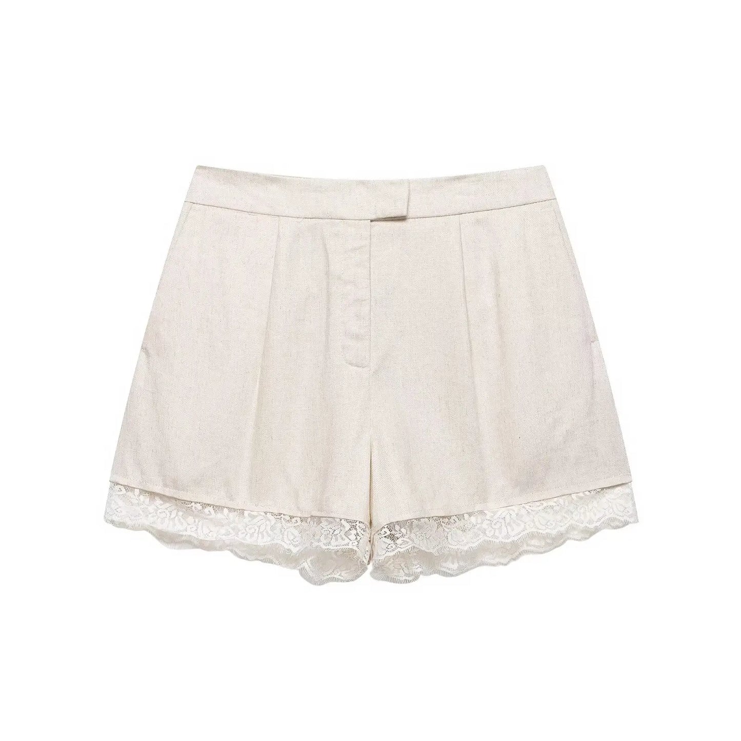 BSAY Lace Patchwork Shorts 2pc Suit Women's Summer Short Sleeve Lapel Blazer Front Pleated A-line Wide Leg Pants Chic Set