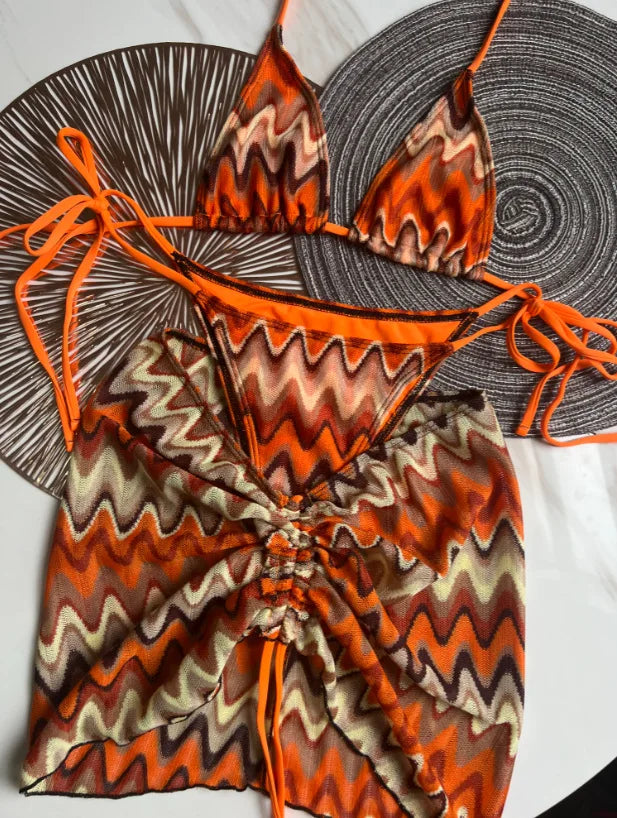 2025 New 3 Pieces Bikinis Sets Knitted Stripe With Skirt Knitting Beachwear Sexy Women's Swimsuit Cover-ups Strappy Beach Wear