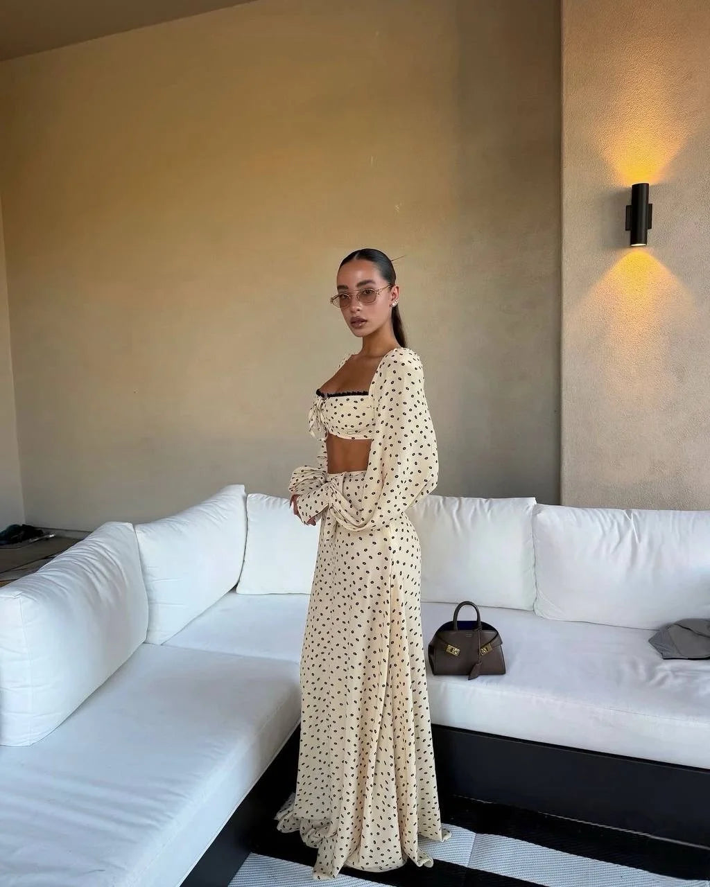 Sexy Polka Dot Tank Top Skirt Women Set Beach Long Lantern Sleeve Tops A-line Trumpet Skirts Suit 2026 Spring Summer Lady Outfit