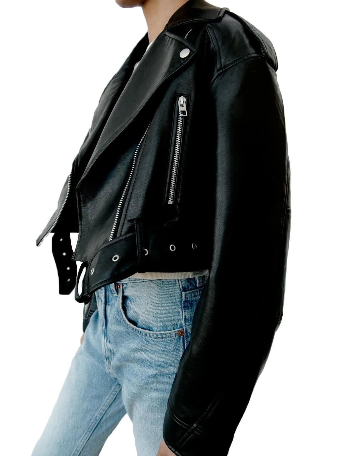 Fitaylor Damen Faux PU Lederjacke Casual Lady Revers Reißverschluss Kurze Lederjacke High Street Motorradmantel