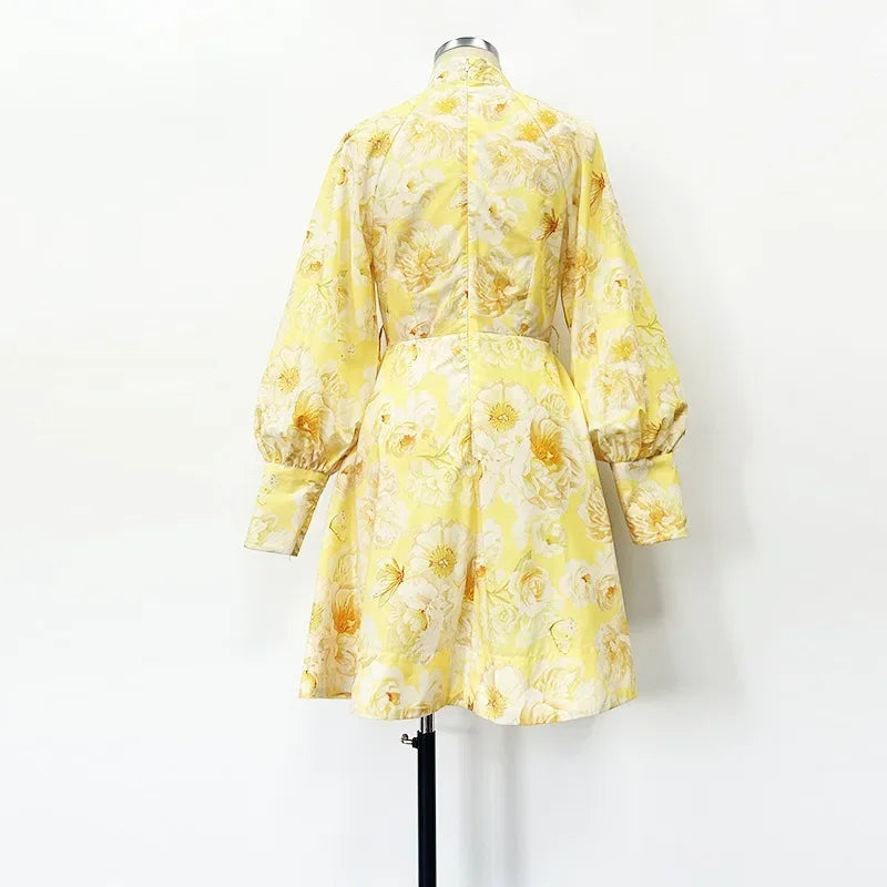 Elegant Floral Print Mini Dress 2025 New Style Stand Collar Single Button Belt Lantern Sleeve Holiday Maxi Skirt Dress