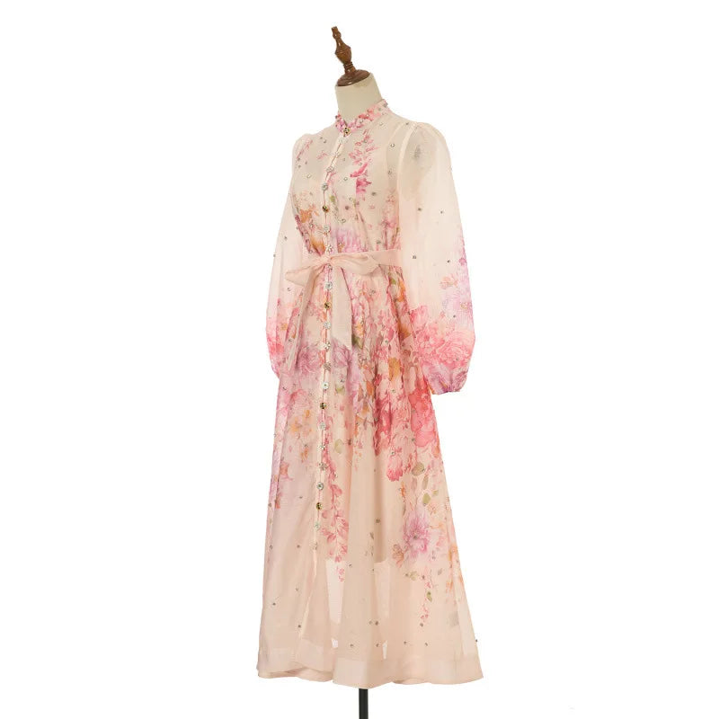 Spring Summer 2026 New Style Long Skirt Dress Women's Maxi Dress Diamond Floral Print High Waist Long Sleeve Street Style Ele...