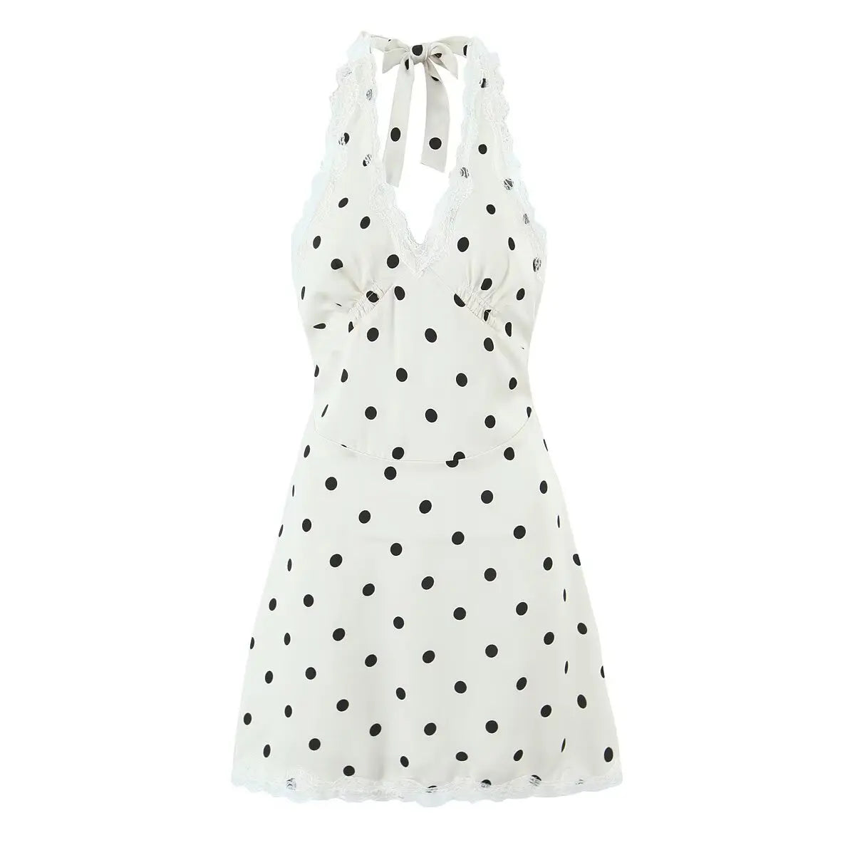 YENKYE Lace Spliced Polka Dot Halter Dress Women Elegant A-line Mini Sexy Backless Dresses Summer Robe 2025