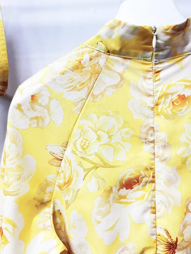 Elegant Floral Print Mini Dress 2025 New Style Stand Collar Single Button Belt Lantern Sleeve Holiday Maxi Skirt Dress
