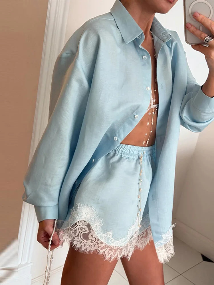 Strandhemden & Shorts Outfits für Damen: Revers, Einreiher, Lange Ärmel, Spitzen-Patchwork-Sets – Frühling/Sommer 2026 Urlaubs-Sets für Frauen