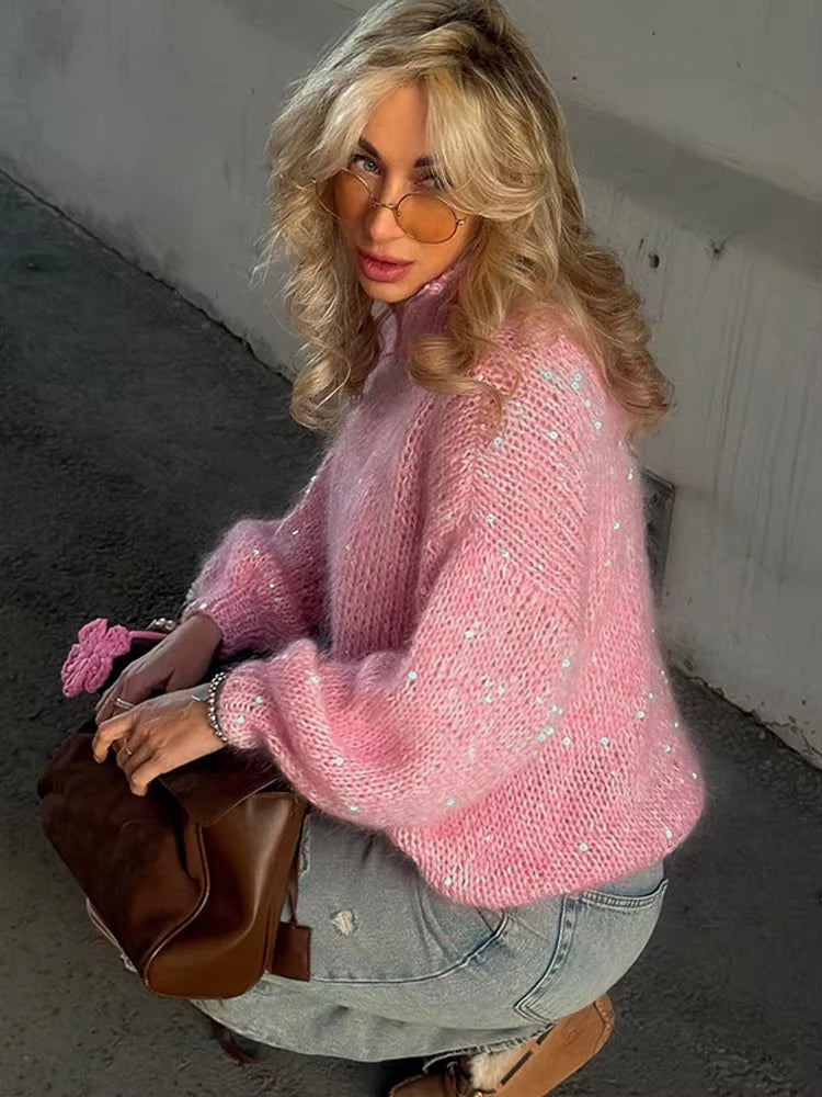 Casual Pailletten Lose Pullover Frauen Volle Hülse Gestrickte Solide Shinny Revers Reißverschlüsse Pullover Weibliche 2026 Frühling Dame Outwears