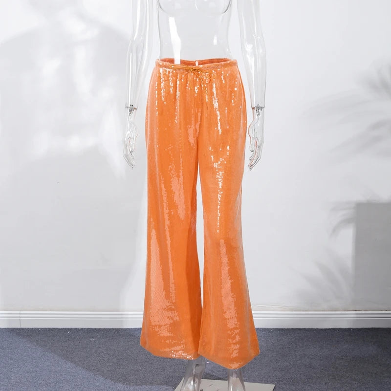 Fashion Sequin Loose Pants Women Solid Drawstring High Waist Wide Leg Trousers Female 2026 Fashion Summer Shinny Bottom Lady