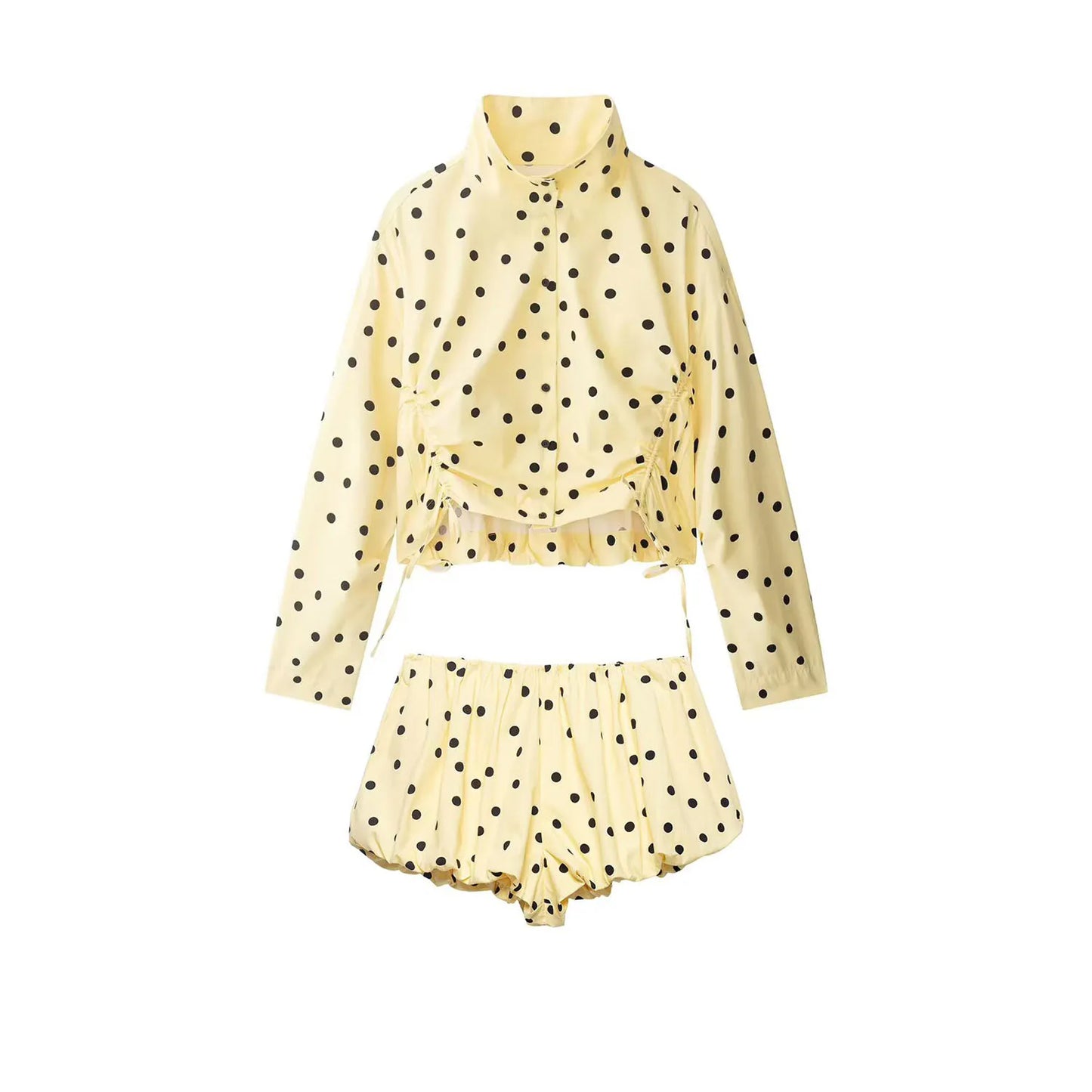 HH 2026 Women 2 Piece Set Long Sleeves Single Breasted Shirring Polka Dot Short Coat+Casual Elastic Waist Balloon Fit Shorts