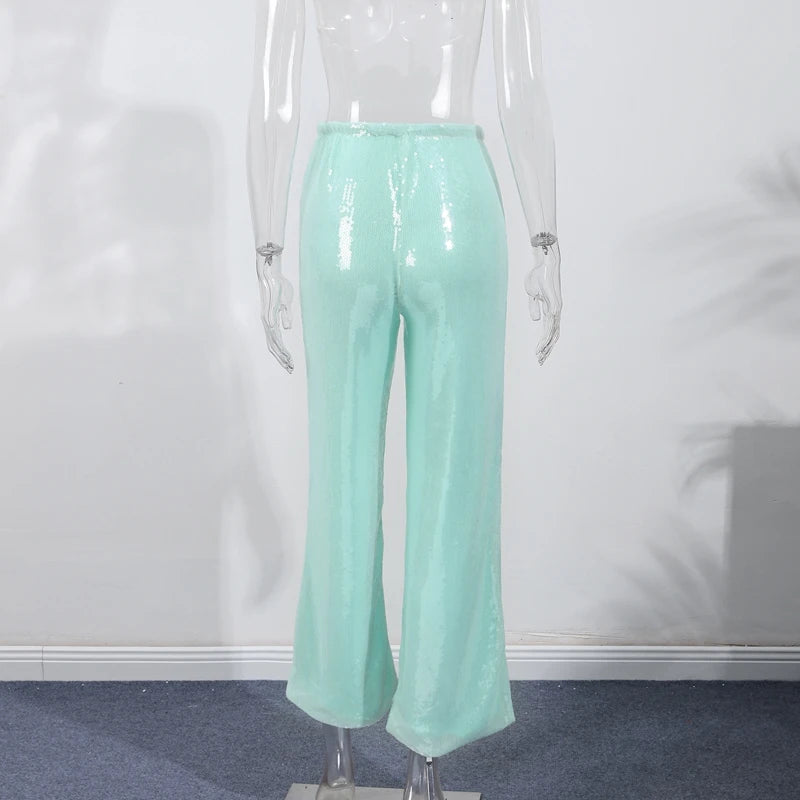 Fashion Sequin Loose Pants Women Solid Drawstring High Waist Wide Leg Trousers Female 2026 Fashion Summer Shinny Bottom Lady