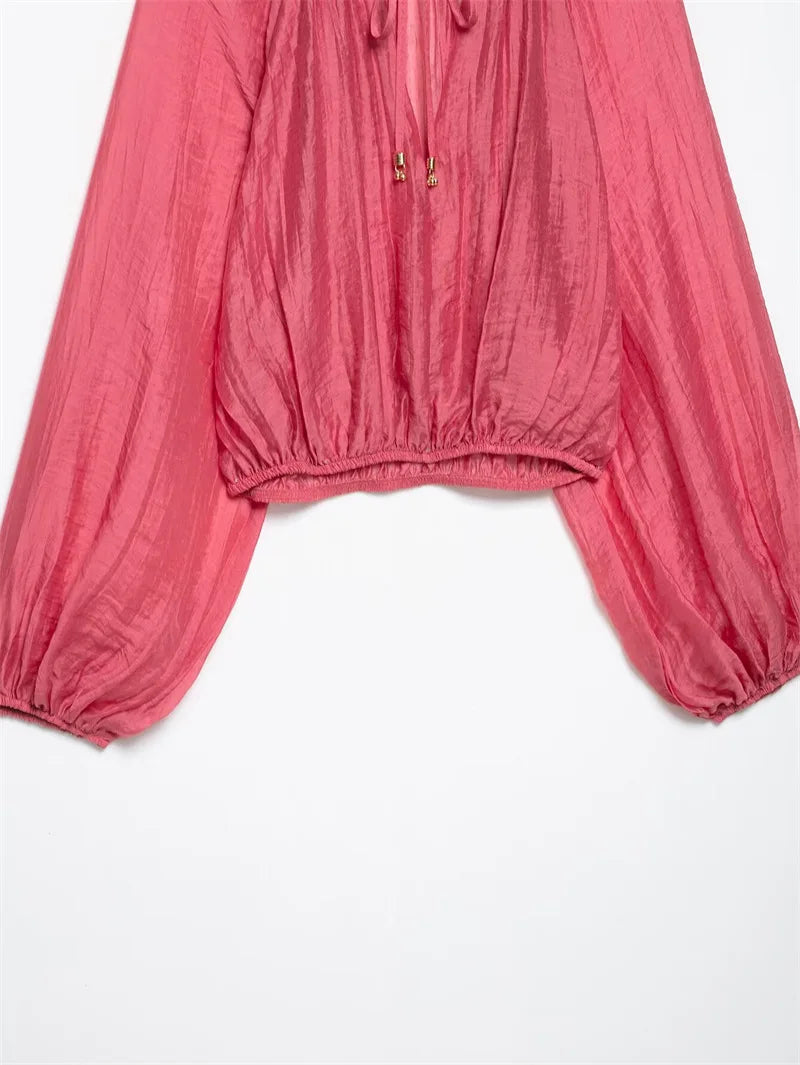 2025 Summer Women Red Folds Shirt Skirts Sets Lace Up Long Sleeves Shirts+High Waist Pleated Skirt Fashion Lady Outfits