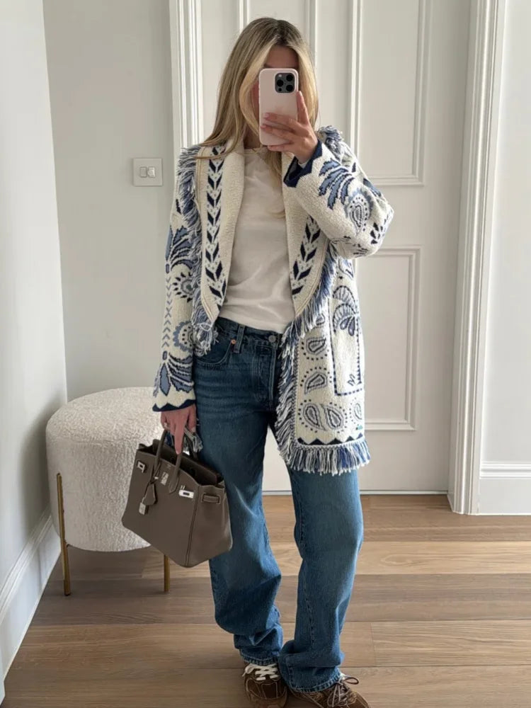 Frauen Quaste Patchwork Gedruckt Strickjacke Mode V-ausschnitt Langarm Lose Strickwaren Dame Herbst Pendeln Straße Strickjacken