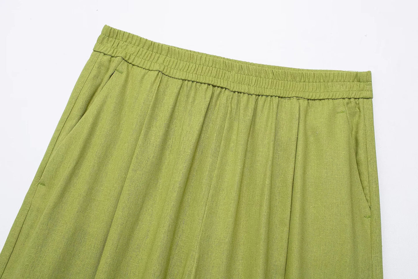 HH 2025 Damen 2-teiliges Set, elastische Taille, Taschenfalten, verziert breite Beinhosen + solides einreihiges Blusenoberteil mit Schlitz am Saum