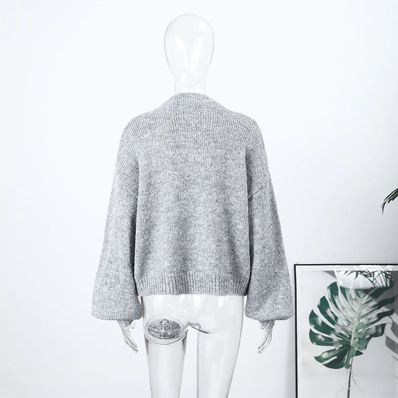 Casual Pailletten Lose Pullover Frauen Volle Hülse Gestrickte Solide Shinny Revers Reißverschlüsse Pullover Weibliche 2026 Frühling Dame Outwears